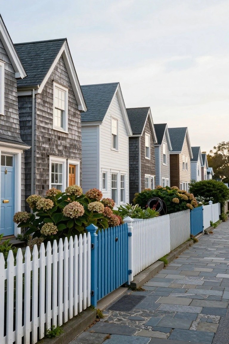 Row of shingled coastal cottages in gray, white, and blue with gabled roofs, white picket fence, blue gate and door, hydrangea shrubs, and stone pathway.