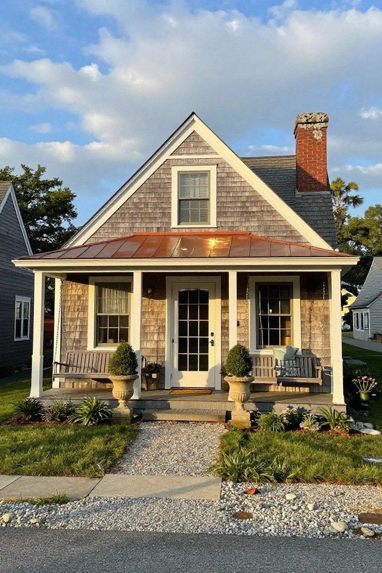 Shingled Nantucket cottage exterior with white trim, copper-roofed front porch supported by columns, wooden swing bench and benches with boxwood topiaries in urns, gravel path, and surrounding landscaping.