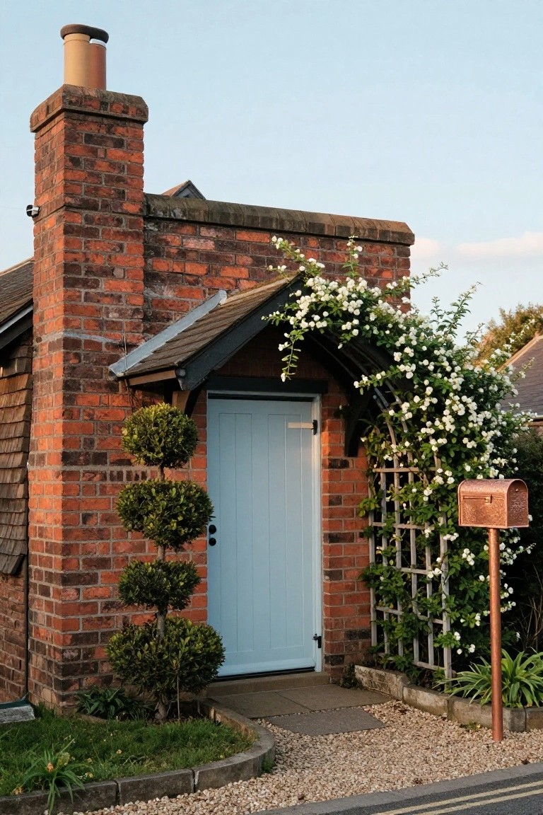 Brick cottage with light blue front door under a small dark porch roof, framed by white climbing roses on a wooden trellis arch, flanked by two topiary shrubs, copper mailbox on a stand, gravel path, and curved stone edging along grass.