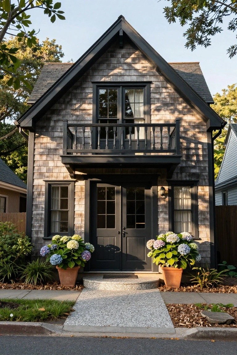 Gray shingle siding on a two-story cottage with black-trimmed windows, double front doors, a second-story balcony, and large terracotta pots of hydrangeas flanking pebble entry steps.