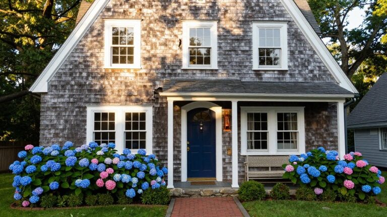 Gray shingle-clad cottage with white trim, navy blue arched front door, blue and pink hydrangea shrubs flanking a brick pathway, wooden bench under a window, boxwood hedges, and green lawn.