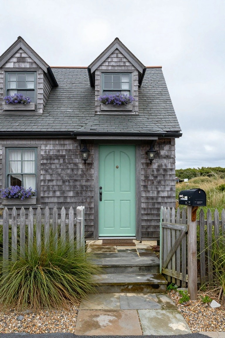 Gray shingled cottage with mint green arched front door flanked by lanterns, flower boxes on windows filled with purple flowers, white picket fence, and beach grass landscaping.