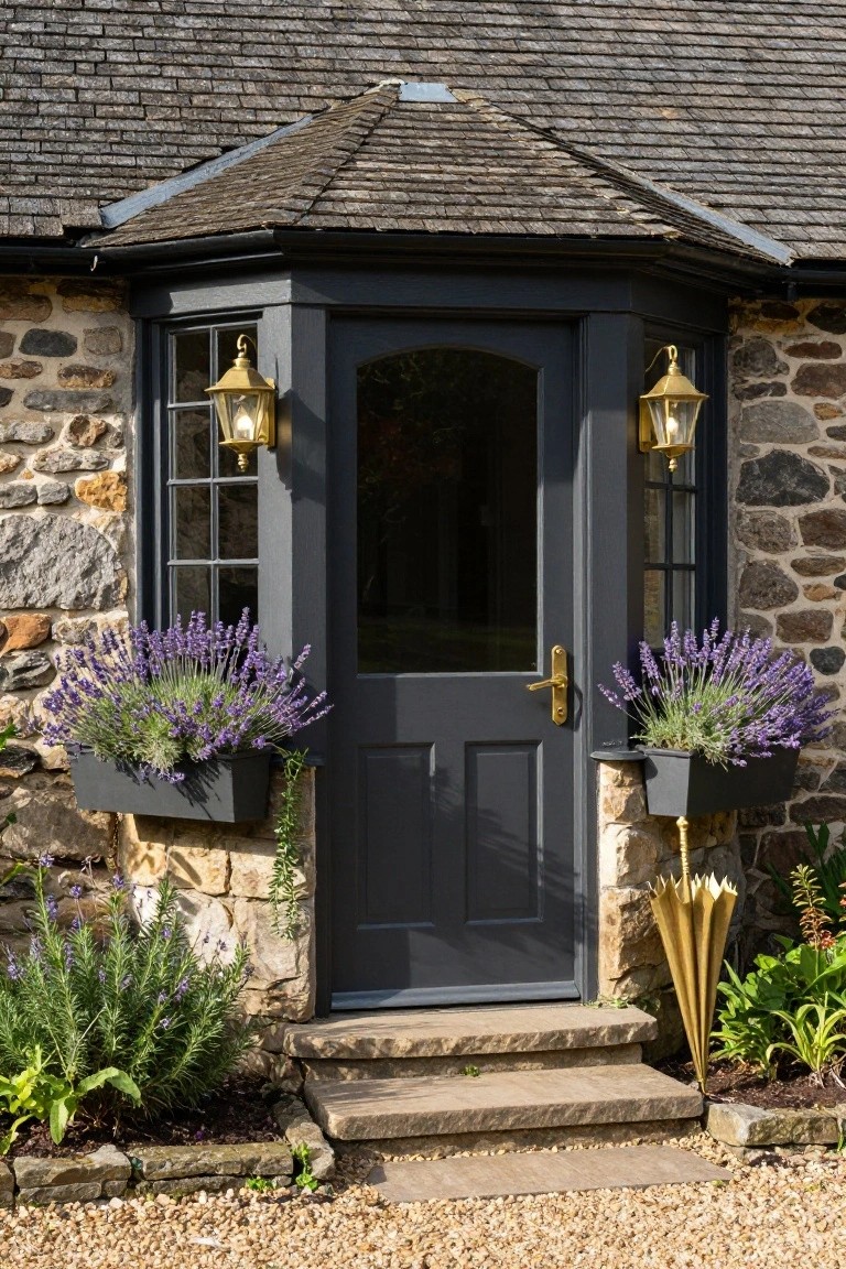 Stone cottage porch with dark arched door, flanked by black planters of lavender, brass wall lanterns, gold umbrella stand, and gravel path with stone steps.