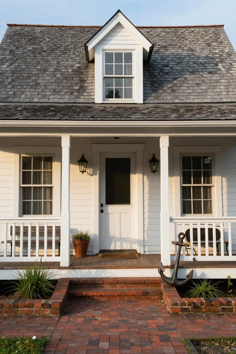 White clapboard cottage with gray shingle roof, wraparound porch, large anchor on railing near red brick steps, lanterns, and potted plants.