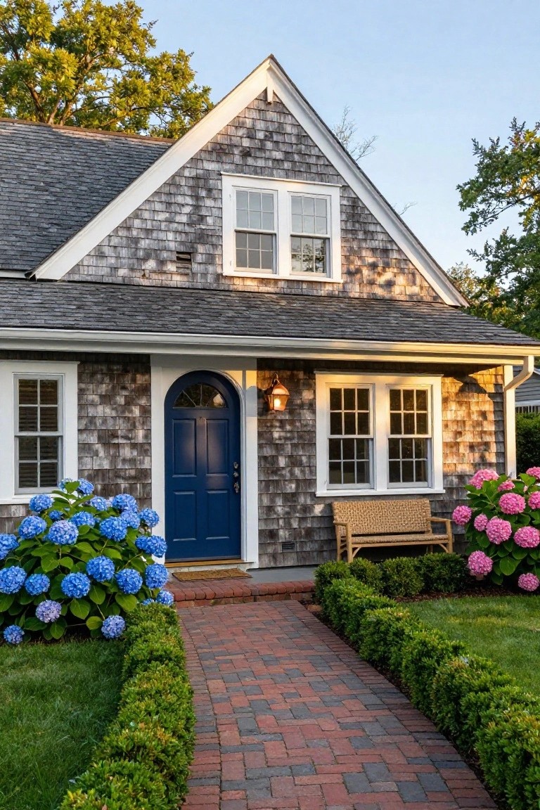 Gray shingle-clad cottage with white trim, navy blue arched front door, blue and pink hydrangea shrubs flanking a brick pathway, wooden bench under a window, boxwood hedges, and green lawn.