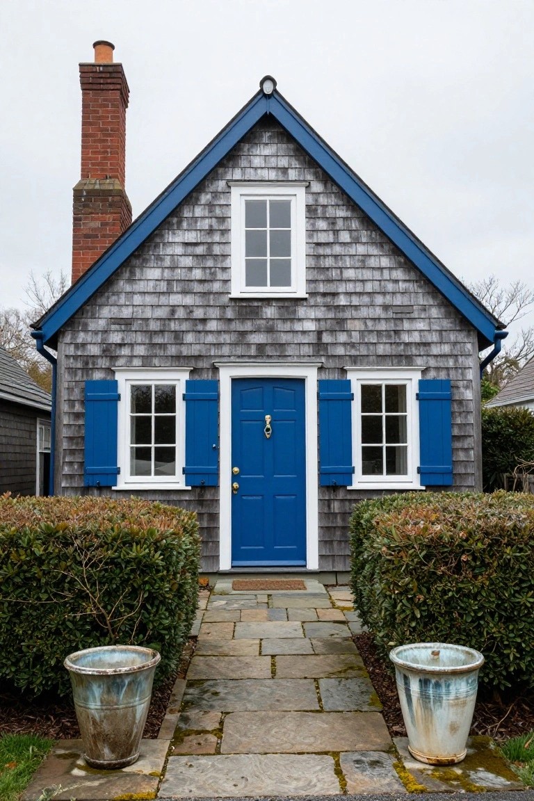 Gray shingled cottage with navy blue door, shutters, and trim, brick chimney, white window frames, flanked by shrubs and large urns on a stone pathway under overcast sky.