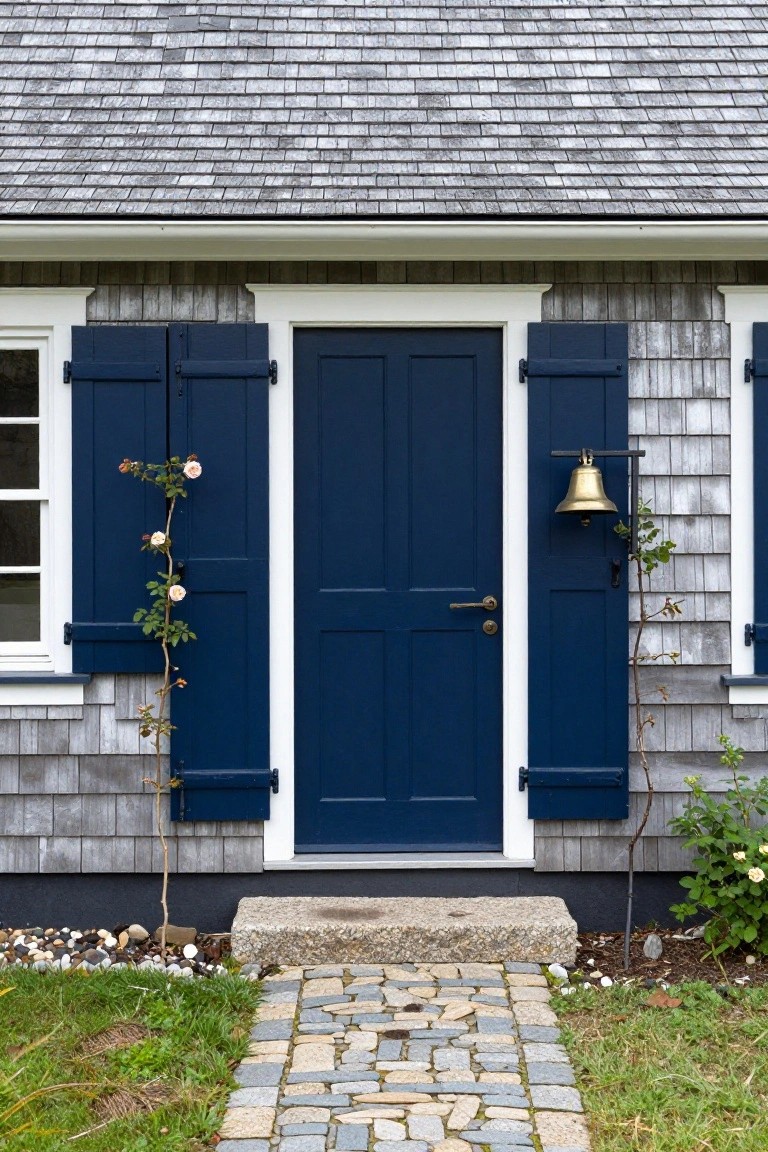 Gray shingled cottage exterior with navy blue front door and matching shutters, brass door bell on the right, climbing rose vines, and a stone pathway leading to the entry steps.