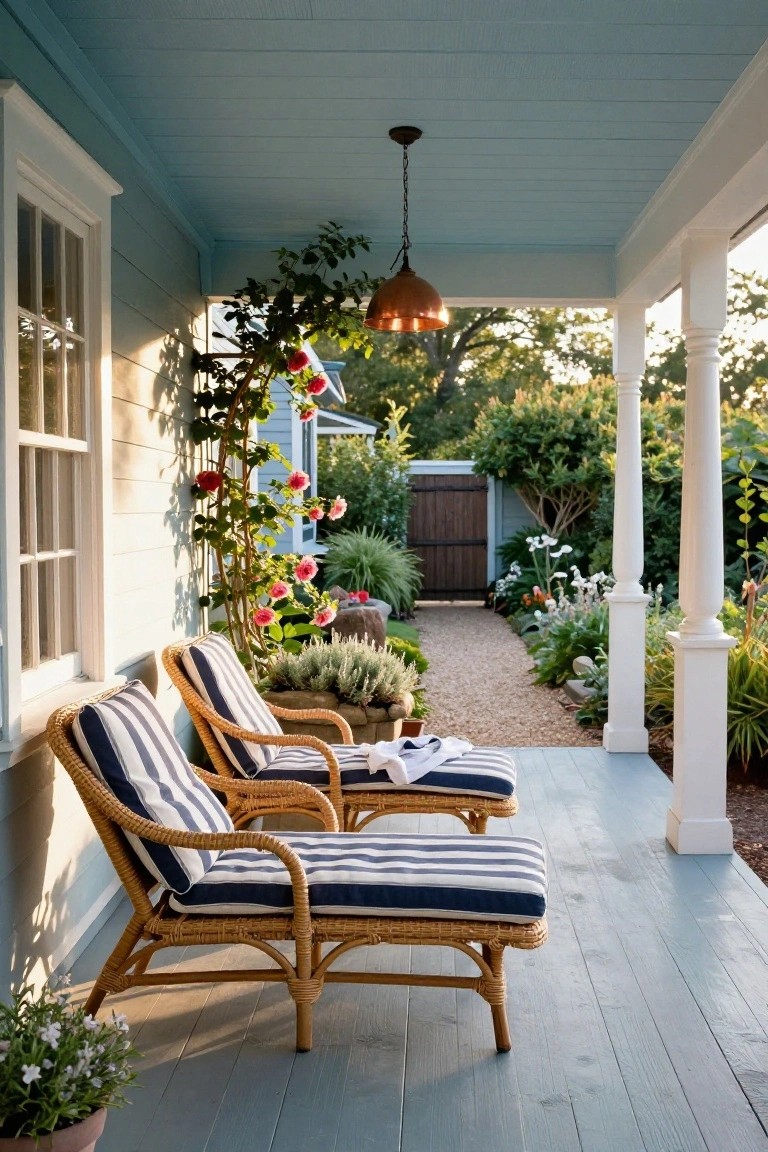 Two wicker chaise lounges with navy and white striped cushions on a light blue porch floor, near a house window with climbing pink roses on the siding and a gravel garden path beyond.