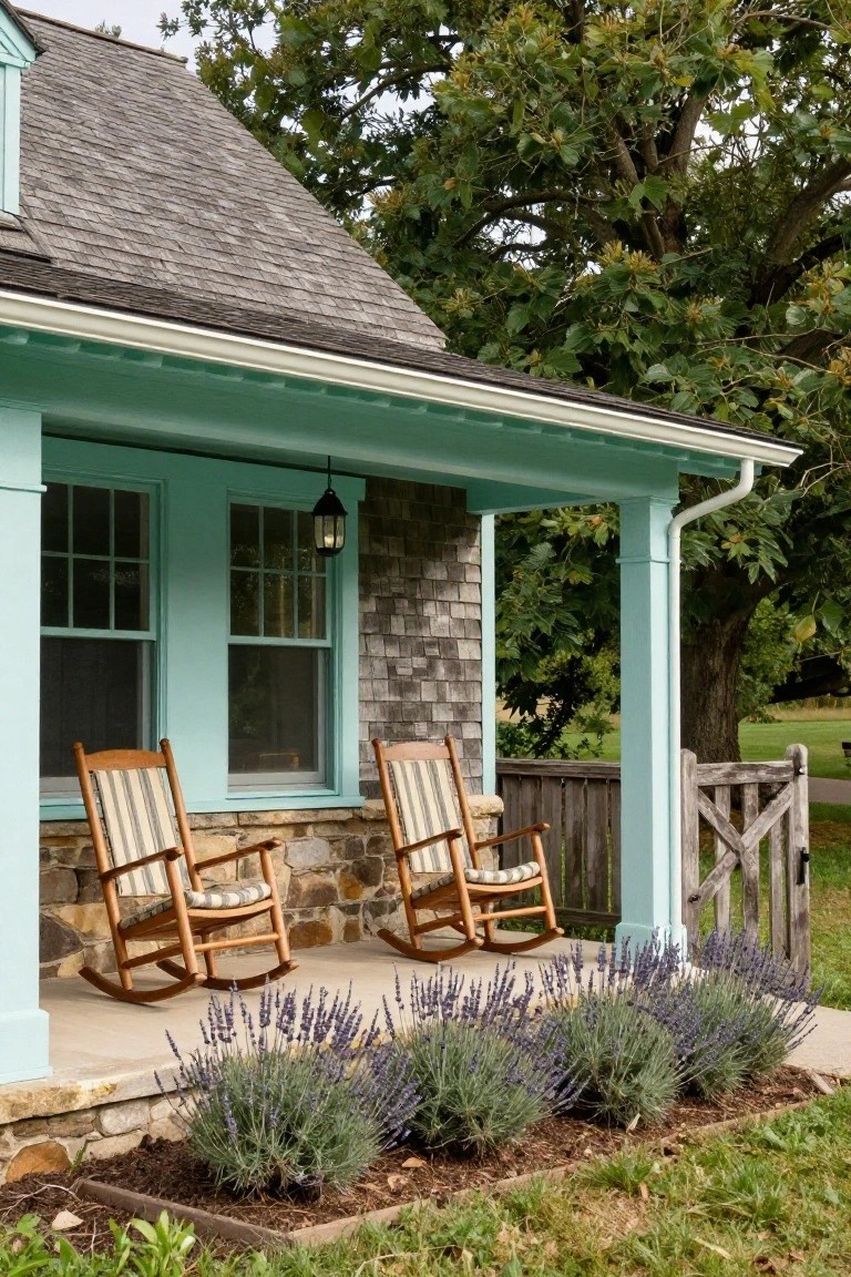 Turquoise shingle-style cottage exterior with covered front porch holding two wooden rocking chairs with striped cushions, lavender plants in a border bed along the porch edge, wooden gate nearby, and large trees in the background.