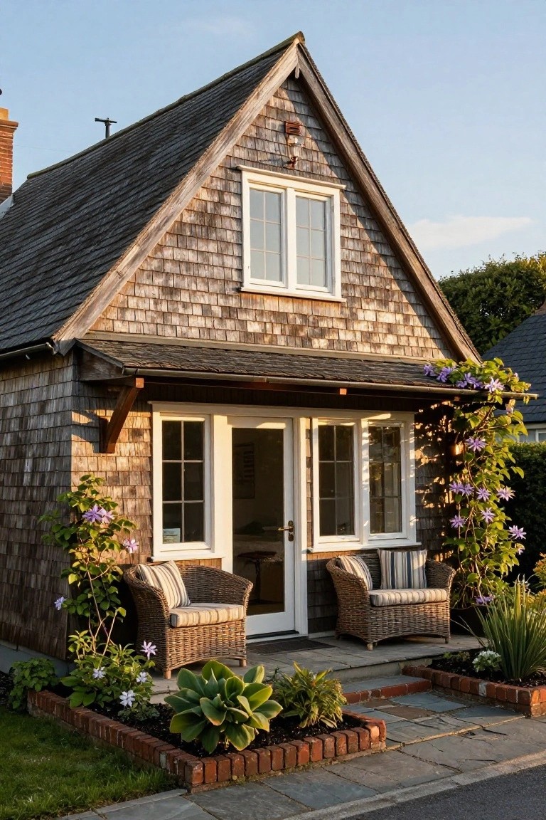 Small shingled cottage with gabled roof, covered front porch holding two striped wicker chairs, white doors and windows, purple clematis vines, and brick garden borders along a stone path.