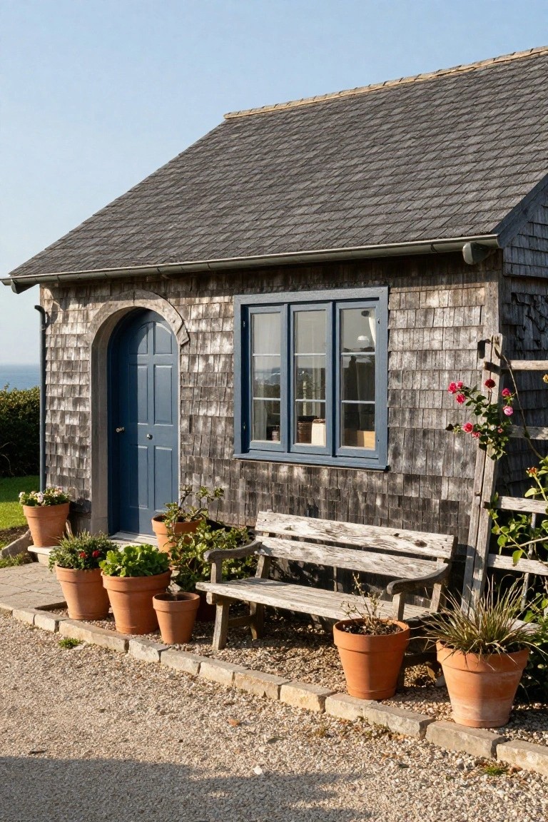 Small coastal cottage with dark weathered shingle siding, blue arched front door, blue window, potted plants in terracotta pots, weathered wooden bench, and gravel path edging near ocean view.