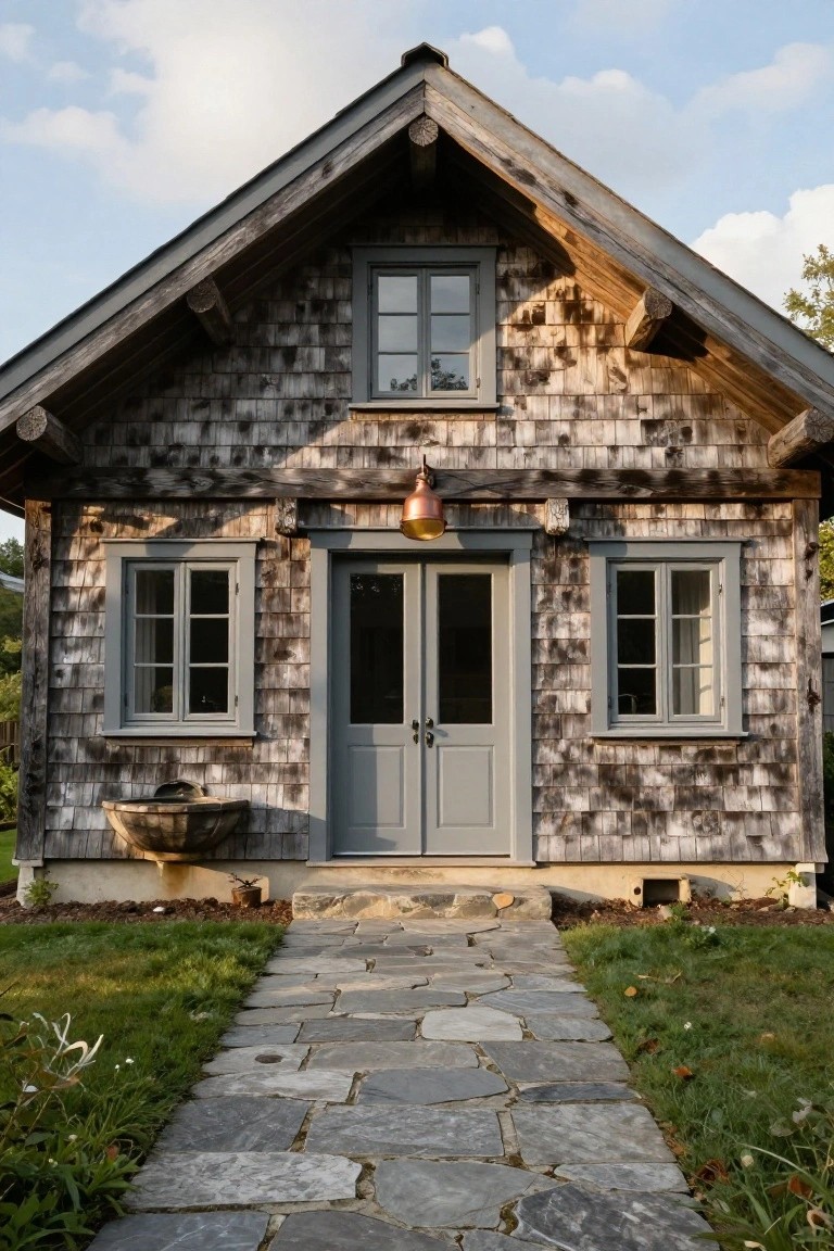 Small shingled cottage exterior with gray windows and double doors, copper lantern above the entrance, stone pathway leading to steps, and grass with plants on either side.
