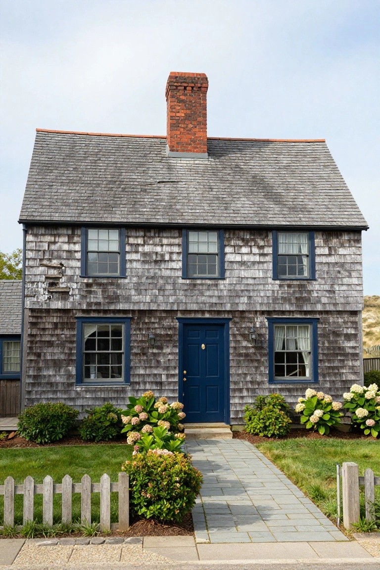 Two-story gray shingled house with navy blue windows and door, brick chimney, hydrangea plantings, picket fence, and stone path leading to the entry.