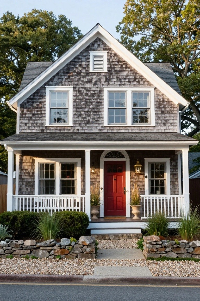Two-story gray shingled house with white trim, gabled roof, wraparound front porch supported by columns, arched red front door, lanterns, potted plants, stone retaining wall, and gravel landscaping along the street.