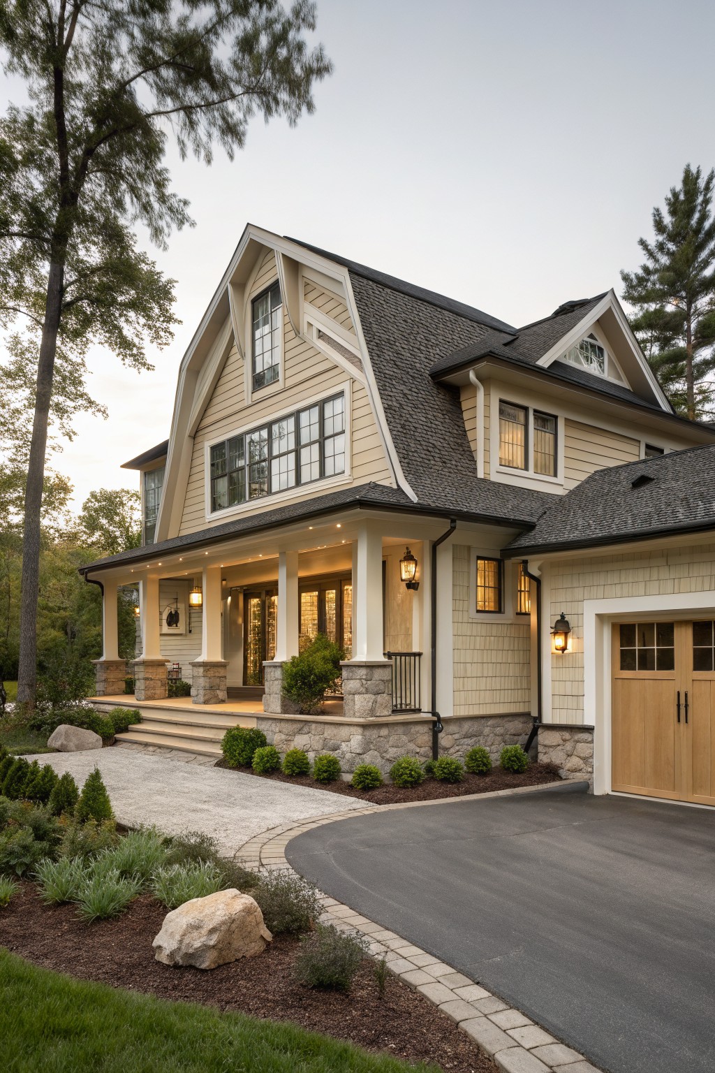 Two-story modern farmhouse exterior with cream horizontal siding, white trim, black asphalt shingle roof, covered front porch with stone columns, attached wood garage door, and landscaped driveway bordered by shrubs and rocks.