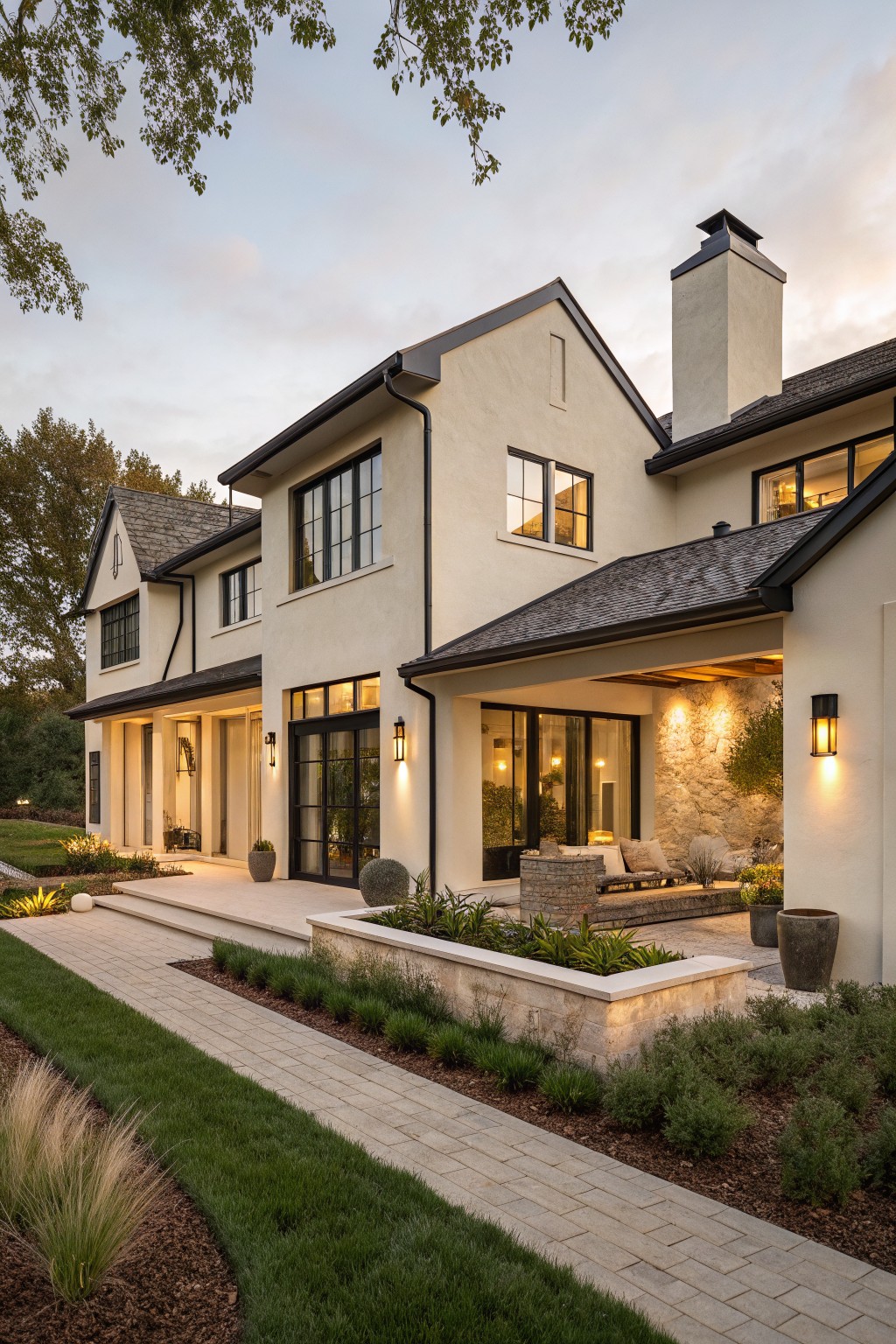 Side view of a modern farmhouse house with creamy beige stucco walls, black-framed windows, dark metal roof, covered patio with seating, stone wall accents, potted plants, and a brick pathway bordered by grass and shrubs.