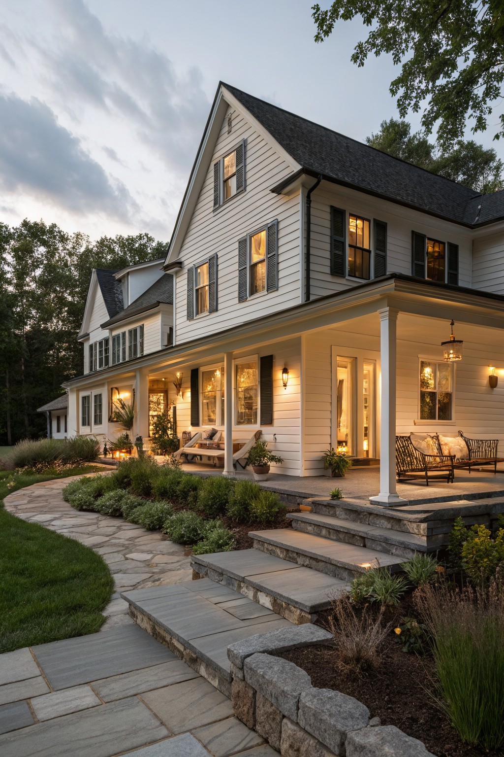White clapboard farmhouse exterior with black shutters, dark roof, wraparound porch, stone steps, and surrounding landscaping at dusk with interior and exterior lights on.