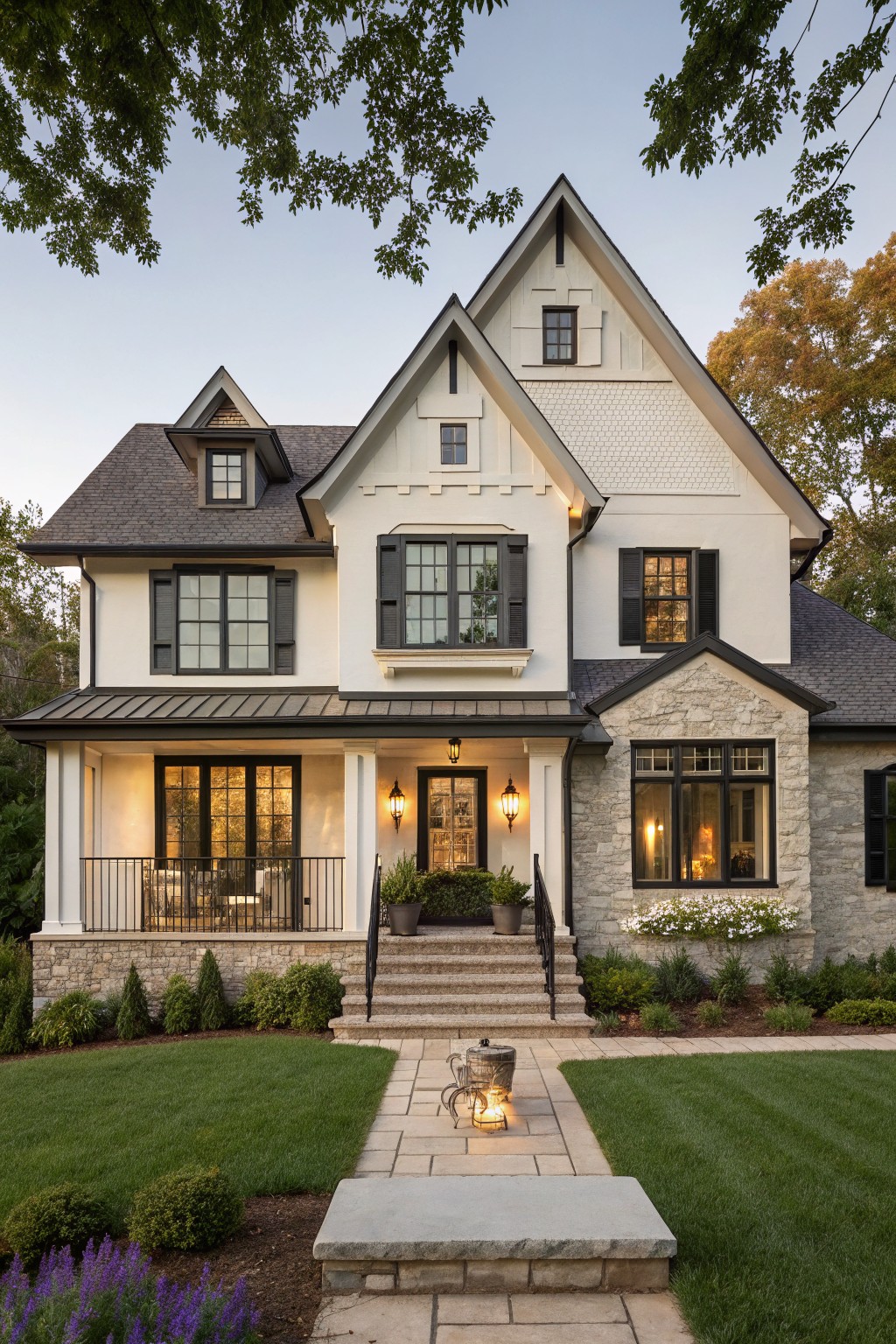 Two-story modern farmhouse exterior with white board-and-batten siding, black shutters and trim, dark shingle roof, stone accents on the base and garage, covered front porch, steps leading to the entry, and landscaped yard with grass, shrubs, and pathway.
