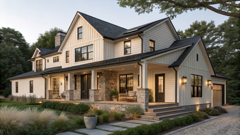 Two-story modern farmhouse exterior with white board-and-batten siding, black-trimmed windows and doors, covered front porch, stone steps and pillars, side garage, and landscaped yard with ornamental grasses and shrubs at dusk.