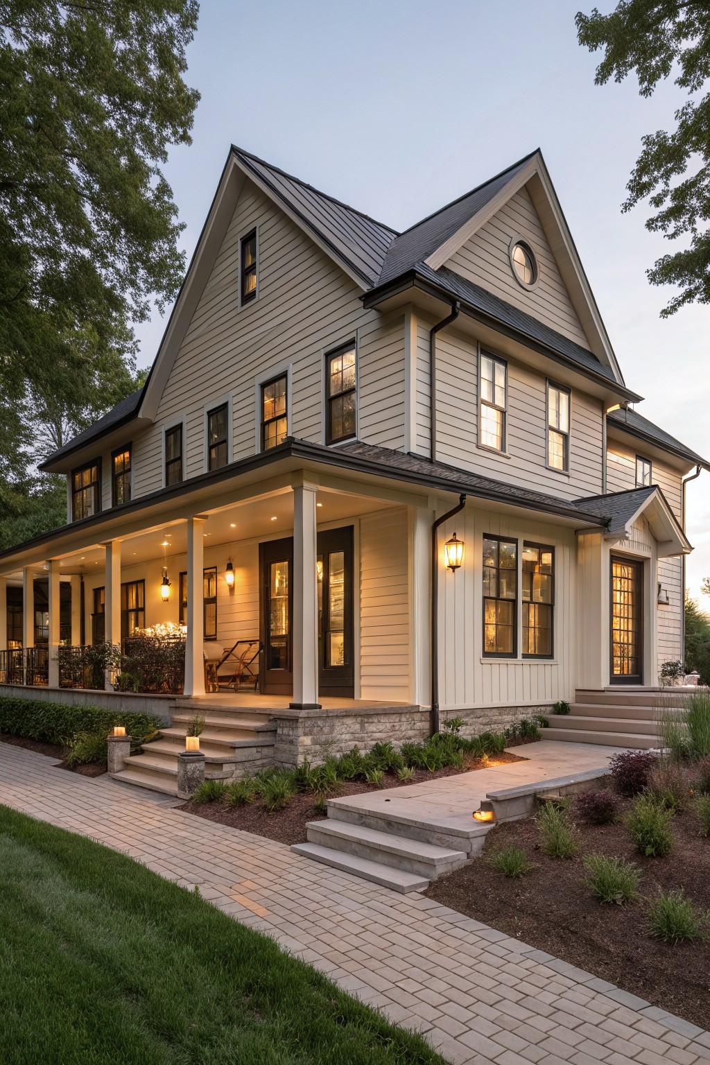 A two-story modern farmhouse with light gray-beige clapboard siding, black metal roof and window frames, wraparound porch with white columns, stone entry steps, and surrounding landscaping at dusk.