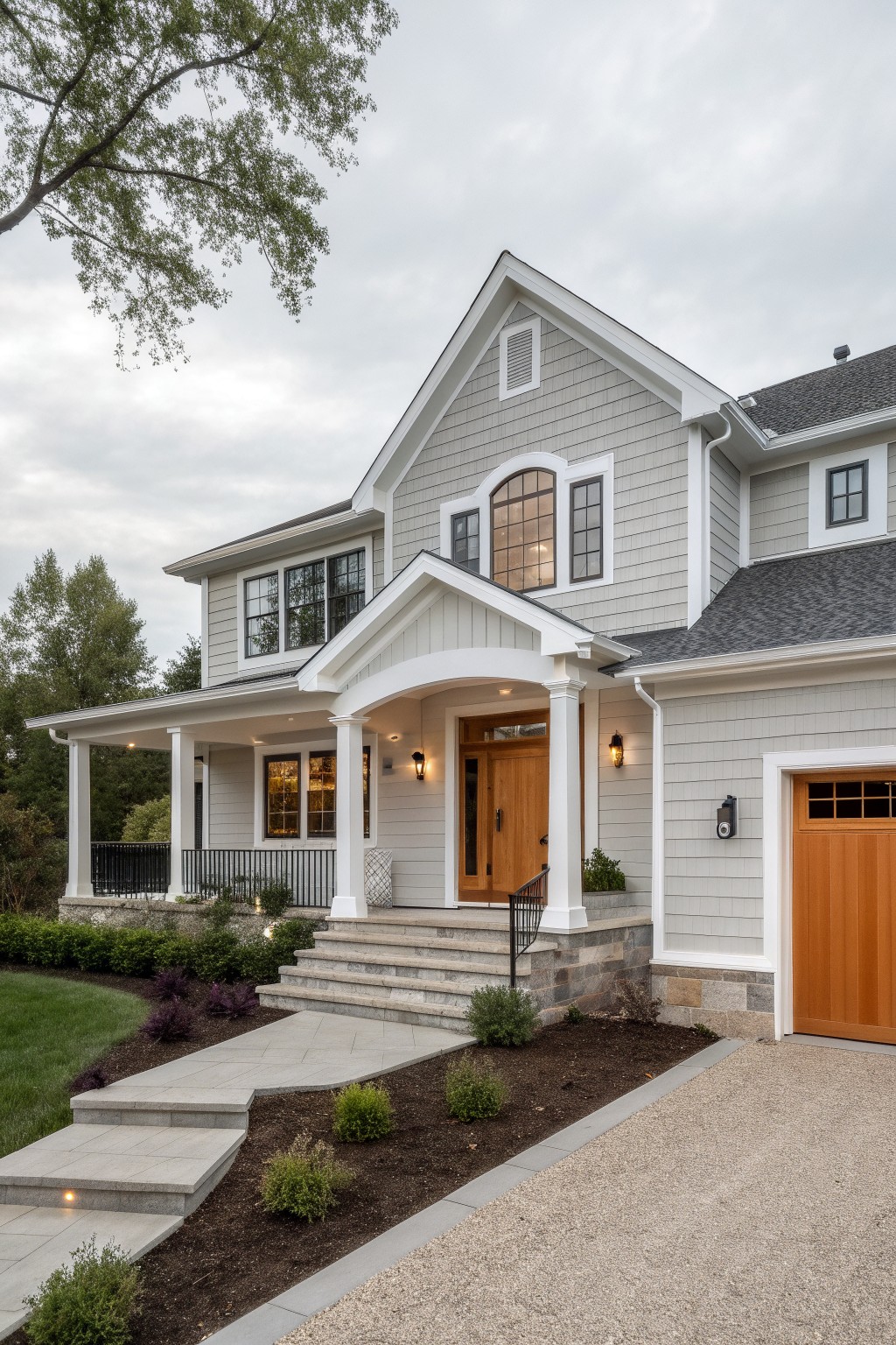 Two-story house exterior featuring light gray shingle siding, white trim, black-framed windows, covered front porch with wood door, attached garage with wood door, stone steps, and surrounding landscaping on a gravel driveway.