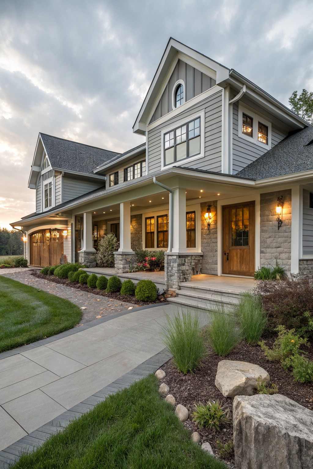 Gray clapboard siding house with white trim, stone entry accents, wood front door, covered porch, garage, and front landscaping on a paved walkway at dusk.