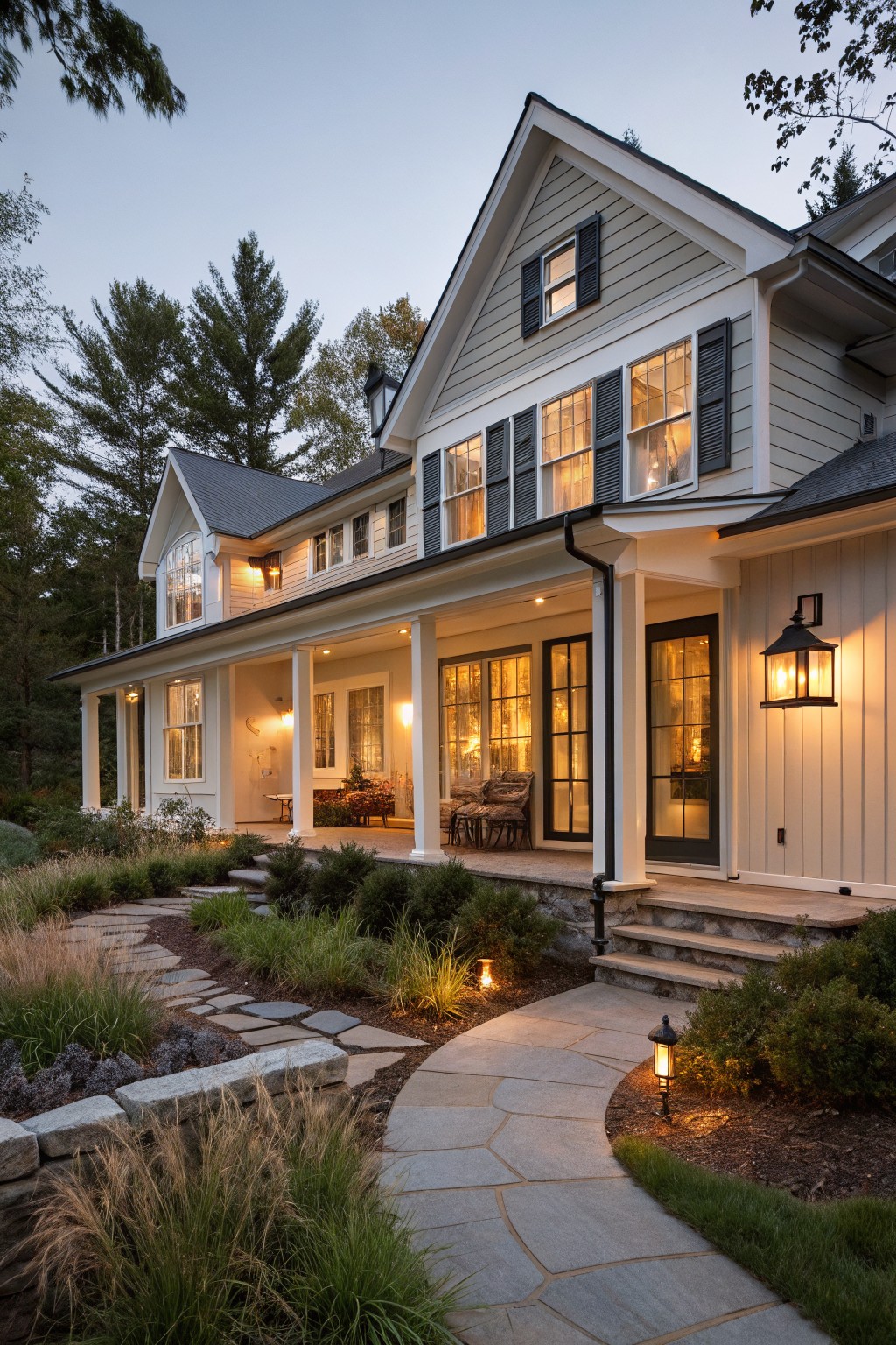 Modern farmhouse house exterior featuring pale gray vertical siding, black shutters and window frames, white porch columns, glass doors, stone steps, winding flagstone path with lanterns, shrubs, grasses, and trees at dusk.