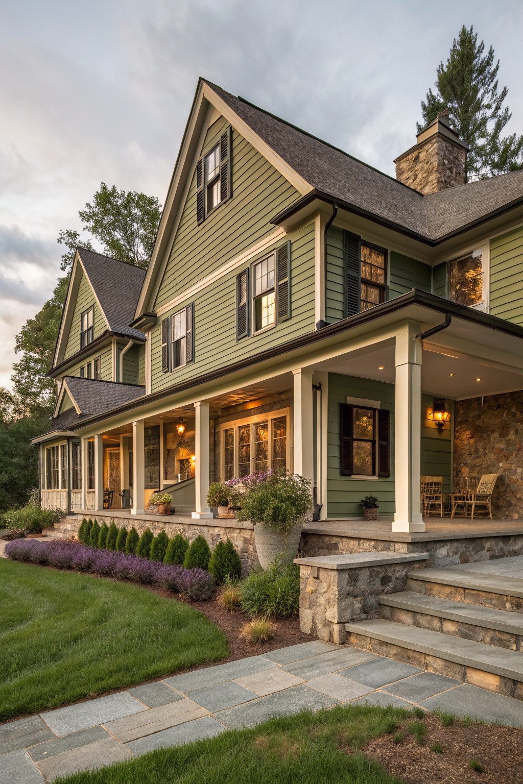 Two-story sage green clapboard farmhouse exterior with white trim, wraparound porch supported by columns, stone chimney and foundation, potted plants on porch, lavender hedges, and stone steps leading from lawn.
