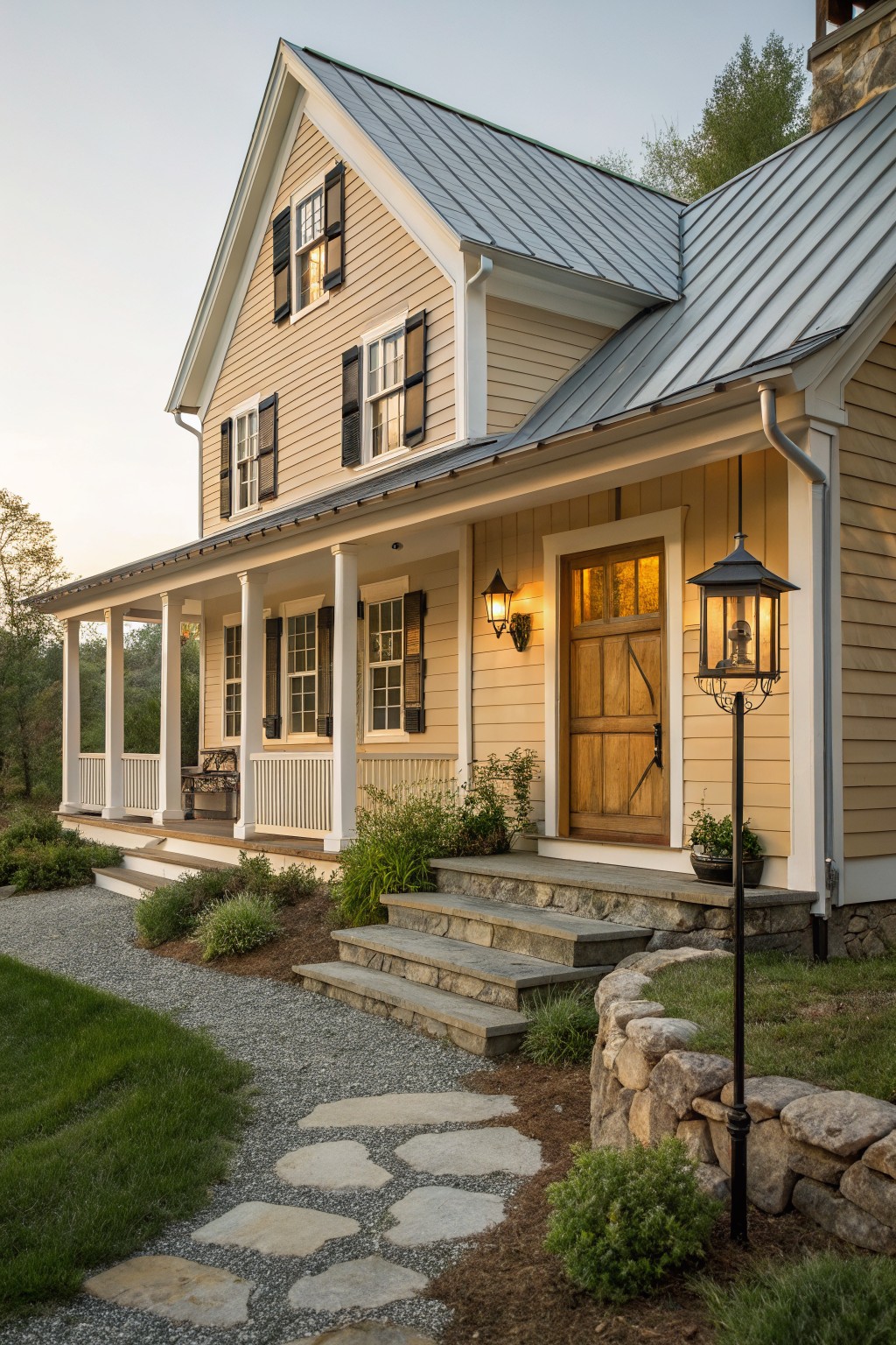Two-story modern farmhouse exterior with pale beige clapboard siding, black shutters, gray standing-seam metal roof, white porch columns, wooden front door, stone steps, and surrounding gravel path with low plantings and stone wall.