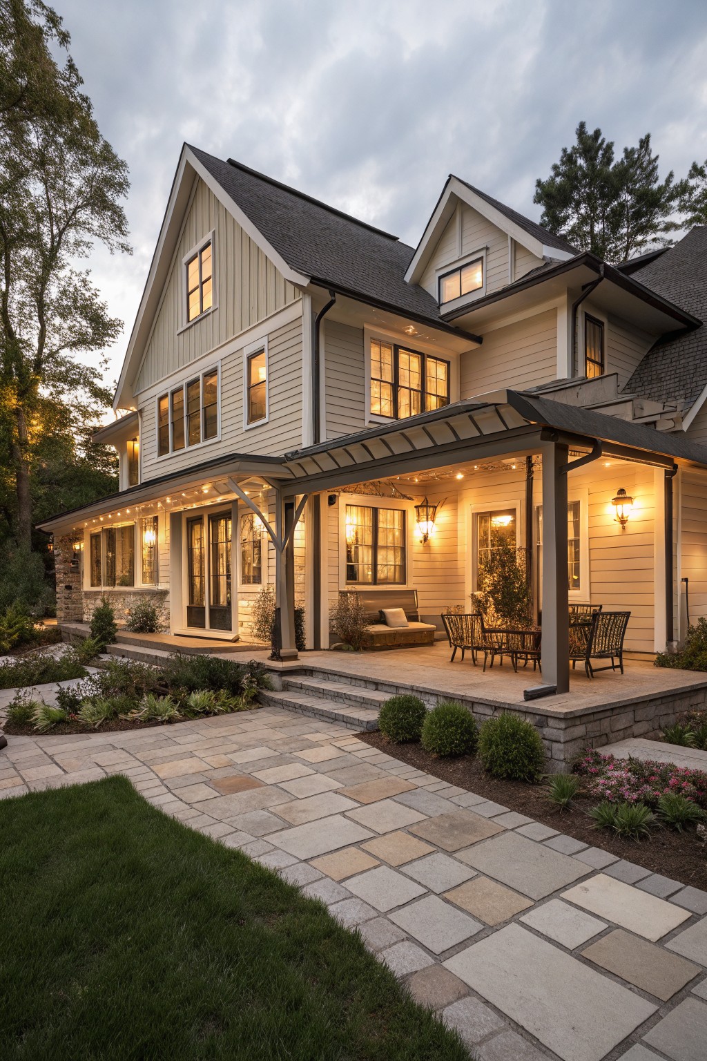 Two-story modern farmhouse exterior with light beige vertical siding, black asphalt shingle roof, white trim around multi-pane windows, covered porch with string lights and furniture, stone pathway, and low plantings at dusk.