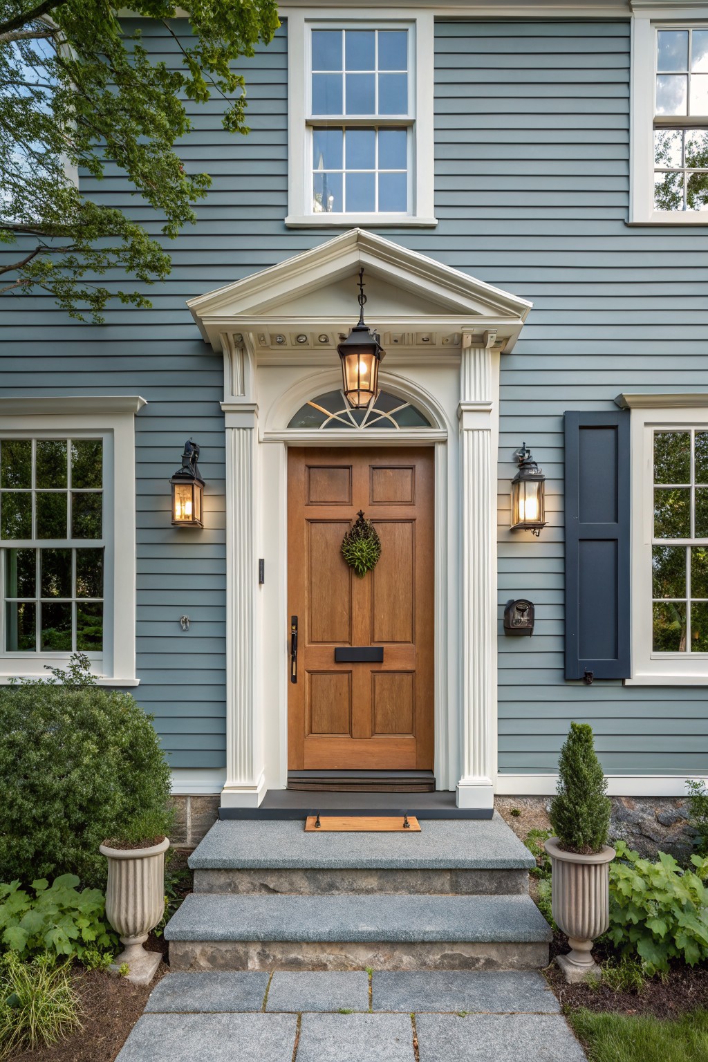 Front view of a two-story light blue-gray clapboard house with white trim, pedimented entry portico, wood panel door with wreath, lanterns, and potted shrubs flanking stone steps.