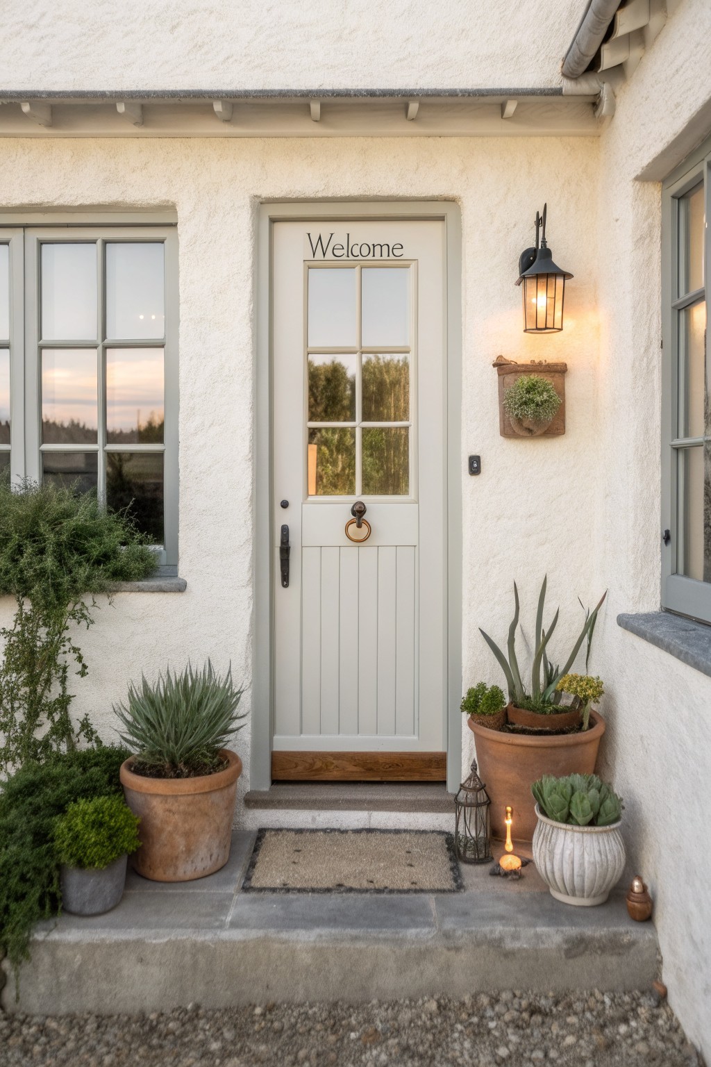 White stucco house corner with pale gray paneled front door labeled 