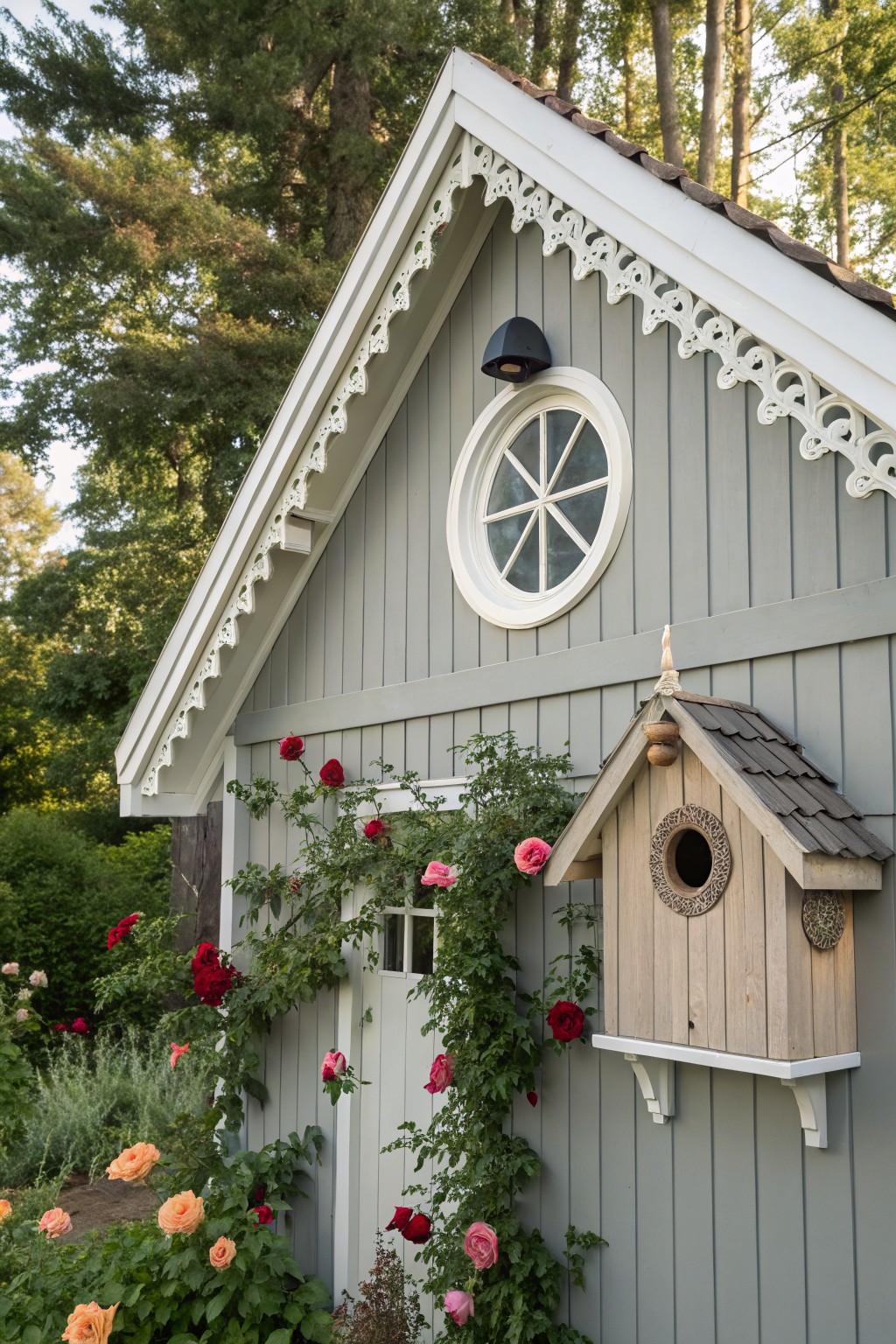 Light gray clapboard garden shed with white gingerbread trim, round window, exterior light, climbing roses in pink and red, wooden birdhouse on bracket, surrounded by garden plants and trees.