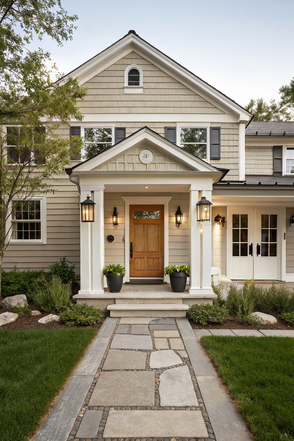 Soft Greige Shingle Siding with White Trim