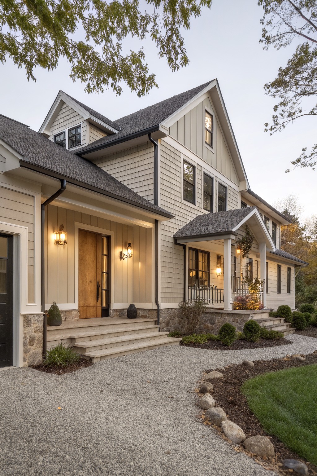 Two-story modern farmhouse exterior with light greige shingle and board-and-batten siding, white trim, dark asphalt roof, wooden front door flanked by lanterns, stone-accented steps, attached garage, gravel pathway, and low plantings.