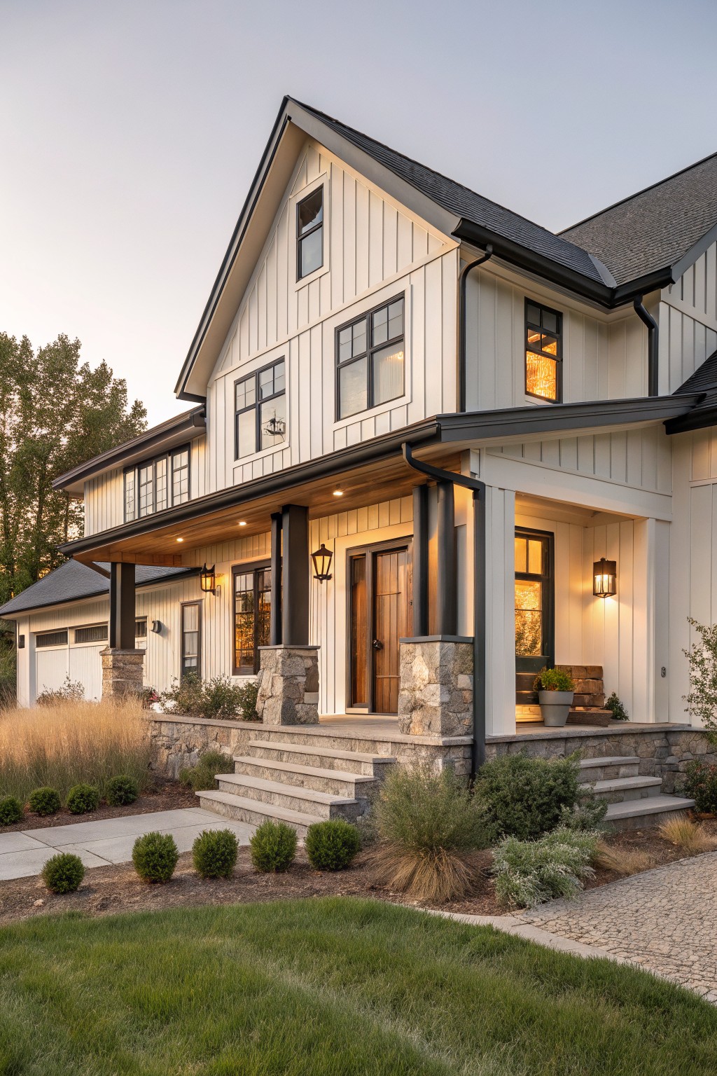 Two-story modern farmhouse exterior with white board-and-batten siding, black-trimmed windows and doors, covered front porch, stone steps and pillars, side garage, and landscaped yard with ornamental grasses and shrubs at dusk.