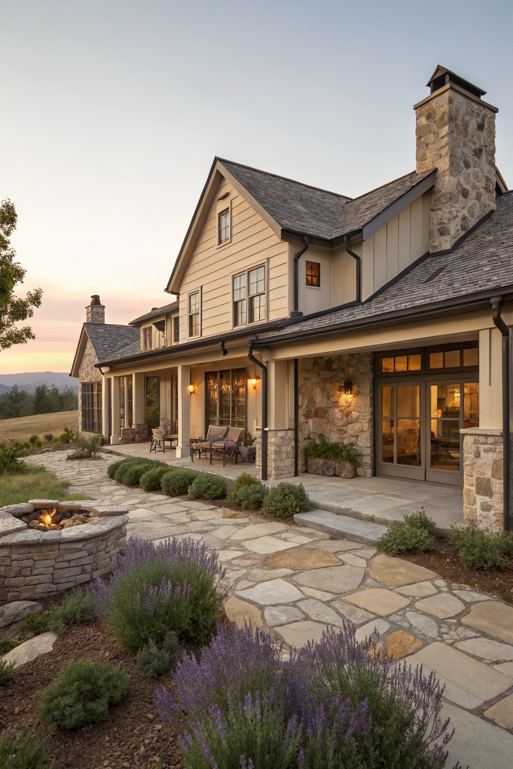 Side and rear view of a two-story modern farmhouse with beige horizontal siding, stone chimney and pillars, covered porch with glass doors, flagstone path, fire pit, and lavender shrubs in a landscaped yard at dusk.