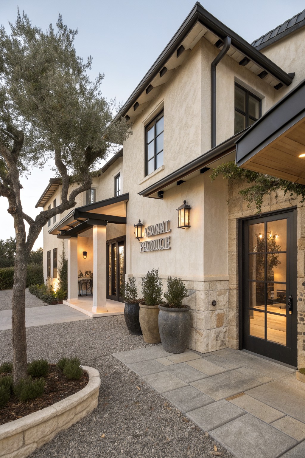 Beige stucco house exterior with black-trimmed windows and doors, wall lanterns, large terracotta pots, olive trees, stone accents, and gravel pathway to the entrance.