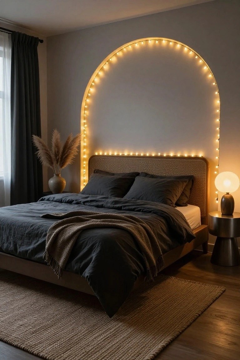 Bedroom with a large arched wall outline made from warm white string lights above a rattan headboard bed, gray linens, pampas grass vase, bedside lamp on a wooden table, and seagrass rug on wood floor.