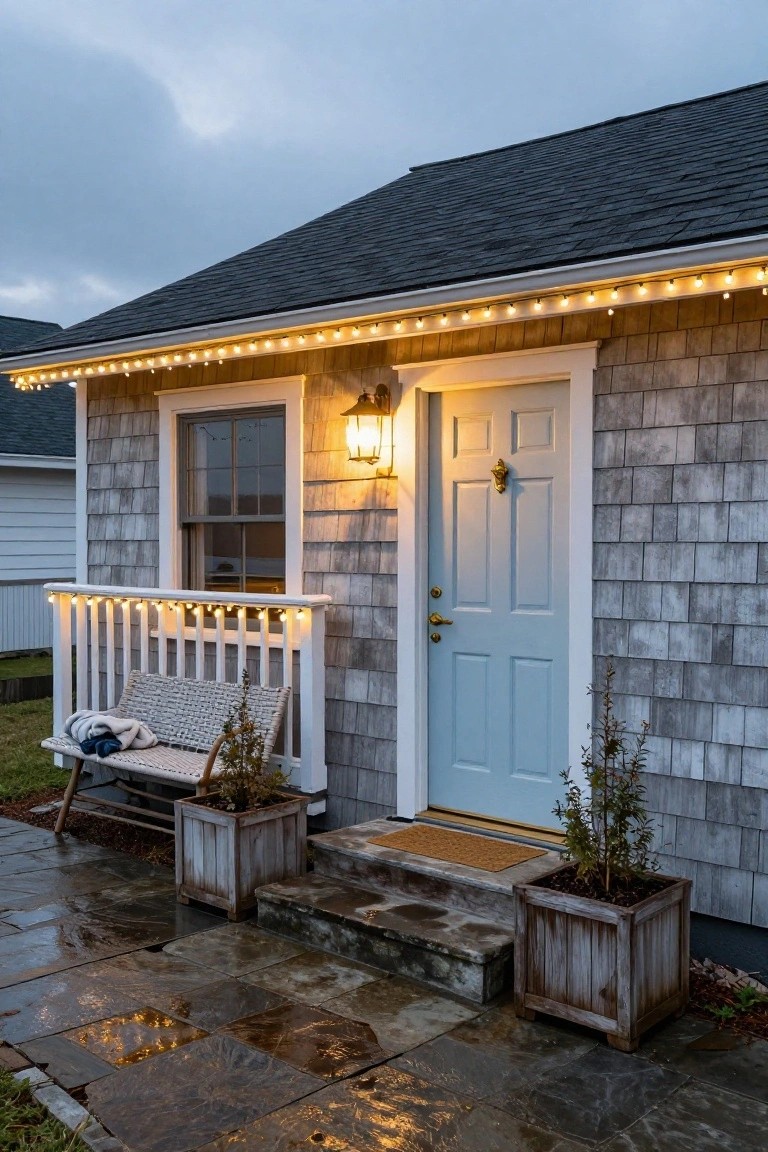 Gray shingled house exterior featuring a light blue front door with brass knocker, wall lantern, string lights along the roofline and porch railing, wicker swing on the porch, wooden planter boxes with shrubs, and wet bluestone pathway leading to steps.