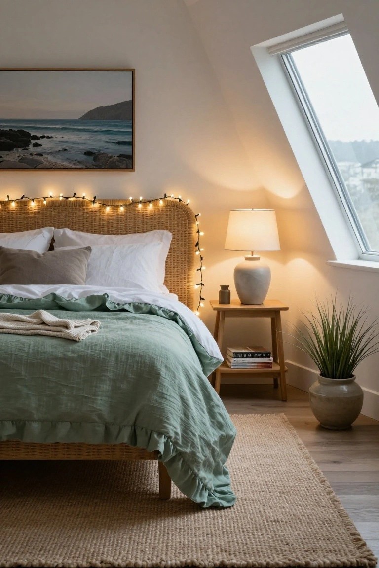 Bedroom interior featuring a rattan headboard with draped warm string lights, sage green bedding, white pillows, a bedside table with ceramic lamp, books, plant, and vase, next to a slanted window and seagrass rug on wood floor.