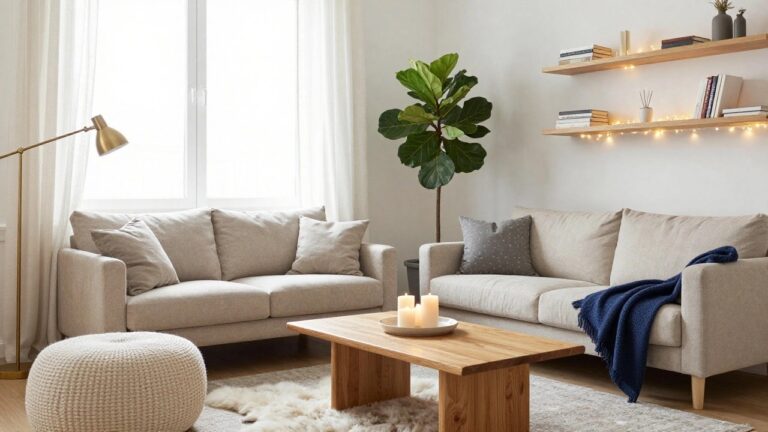 A living room with tall wooden open bookshelves lit by LED strip lights along the back edges, a beige sofa, wooden coffee table holding white candles on a plate, a tall green fiddle leaf fig plant next to a gold desk lamp, and a window with sheer white curtains.