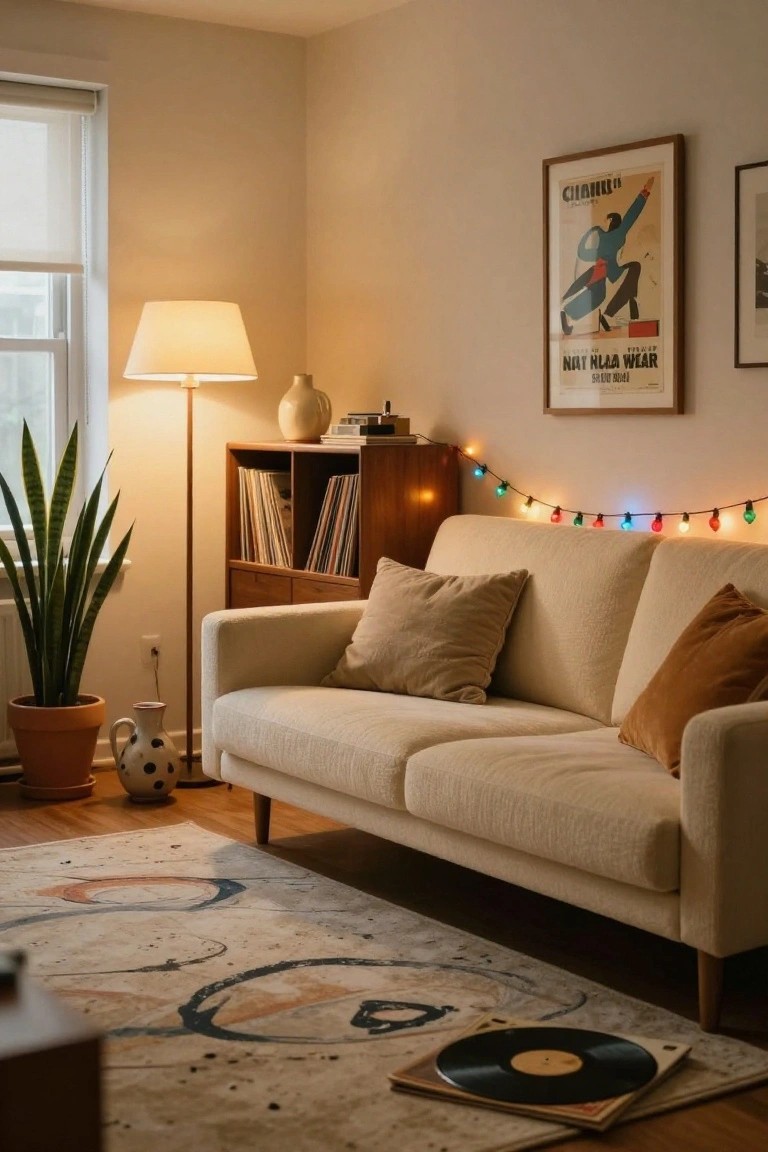 Cozy living room corner featuring a beige sofa on a patterned rug, wooden mid-century bookshelf with records, tall snake plant in terracotta pot, floor lamp, colorful Christmas string lights strung along the wall, vintage poster, and vinyl record on the floor.
