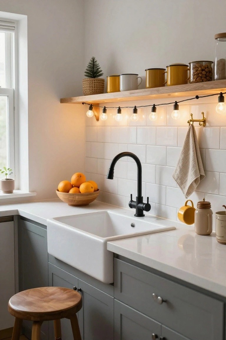 Kitchen corner with white subway tile backsplash, farmhouse sink, gray cabinets, wooden stool, bowl of oranges on counter, wooden shelf holding yellow mugs and plants with string lights hanging underneath.