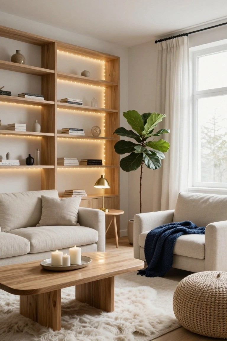 A living room with tall wooden open bookshelves lit by LED strip lights along the back edges, a beige sofa, wooden coffee table holding white candles on a plate, a tall green fiddle leaf fig plant next to a gold desk lamp, and a window with sheer white curtains.