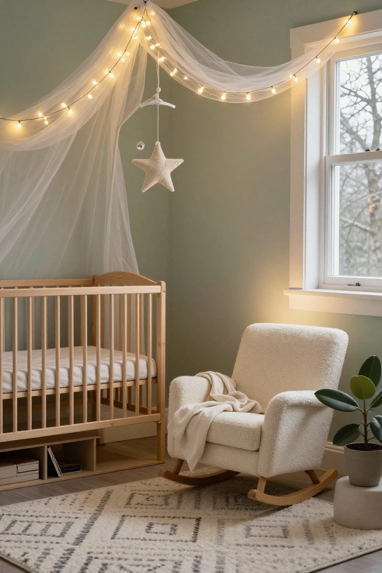 Sage green nursery room with wooden crib under white tulle canopy strung with warm fairy lights, plush white rocking chair with cream throw, geometric gray rug, and potted plant by window.