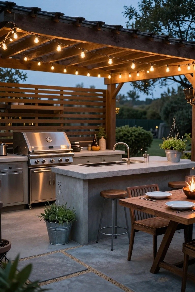 Wooden pergola with string bulb lights over an outdoor kitchen featuring stainless steel grill, concrete countertop and sink, bar stools, wooden dining table with plates, potted plants, and evening garden backdrop.