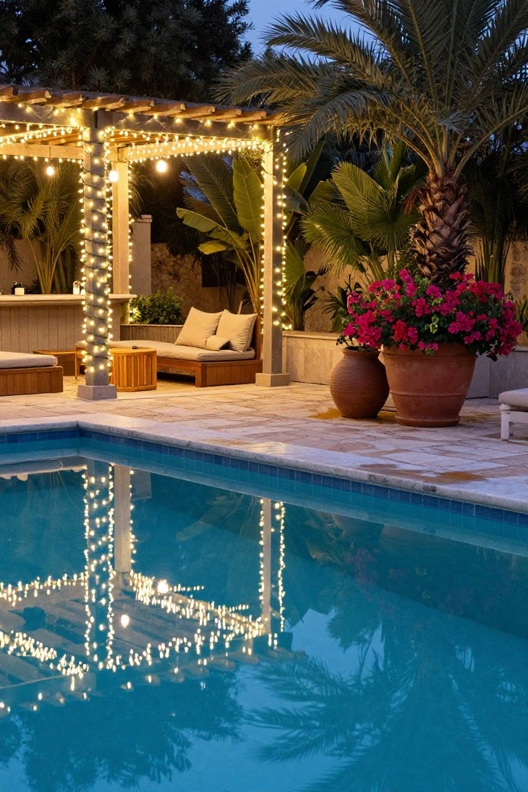 Nighttime poolside pergola with wooden beams wrapped in white string lights, beige lounge seating, potted plants, and reflections in the blue pool water.