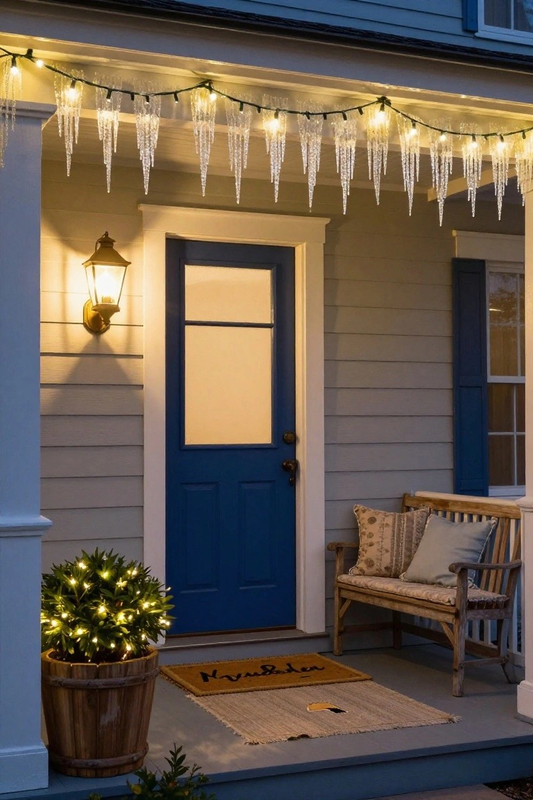 Gray clapboard house front porch with blue door and glass panel, icicle string lights hanging from eaves, wall lantern, wooden bench with cushions, lit potted plant in wooden barrel, and welcome mat on steps at dusk.