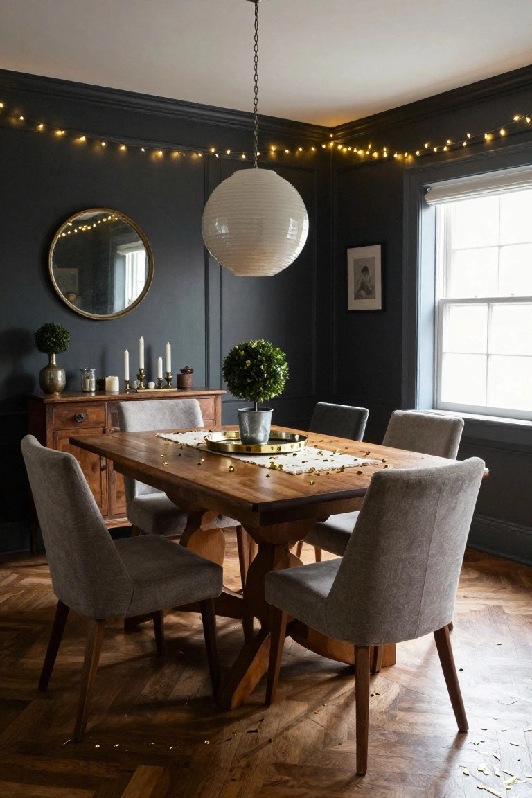 Dark navy dining room with wooden table, gray upholstered chairs, string lights along wall edges, large paper lantern overhead, potted plants, candles on sideboard, and gold confetti on table and floor.
